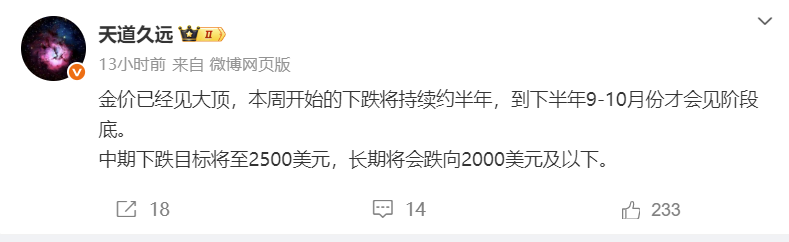 金价已经见大顶，本周开始的下跌将持续约半年，到下半年9-10月份才会见阶段底。 
