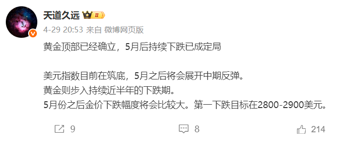 黄金顶部已经确立，5月后持续下跌已成定局第一下跌目标在2800-2900美元。