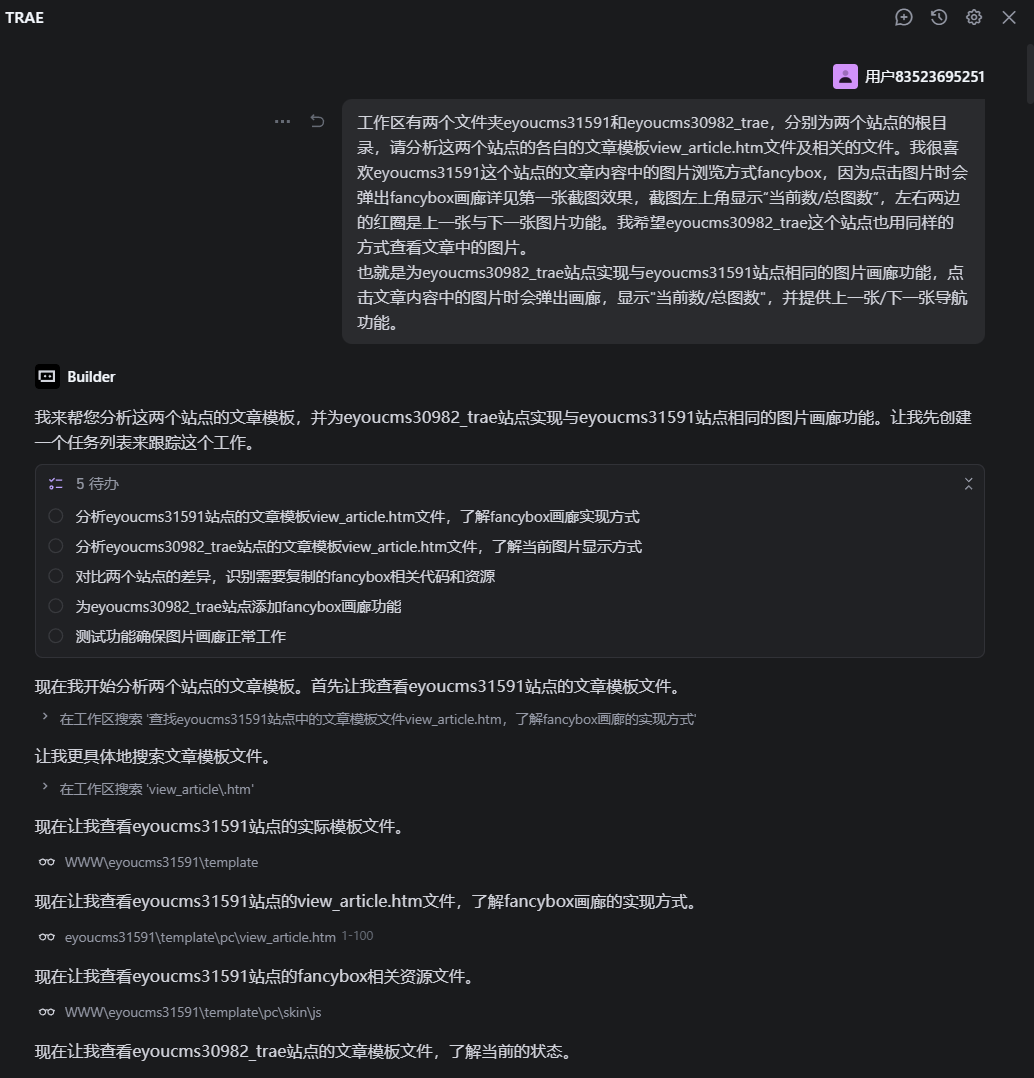 工作区有两个文件夹eyoucms31591和eyoucms30982_trae，